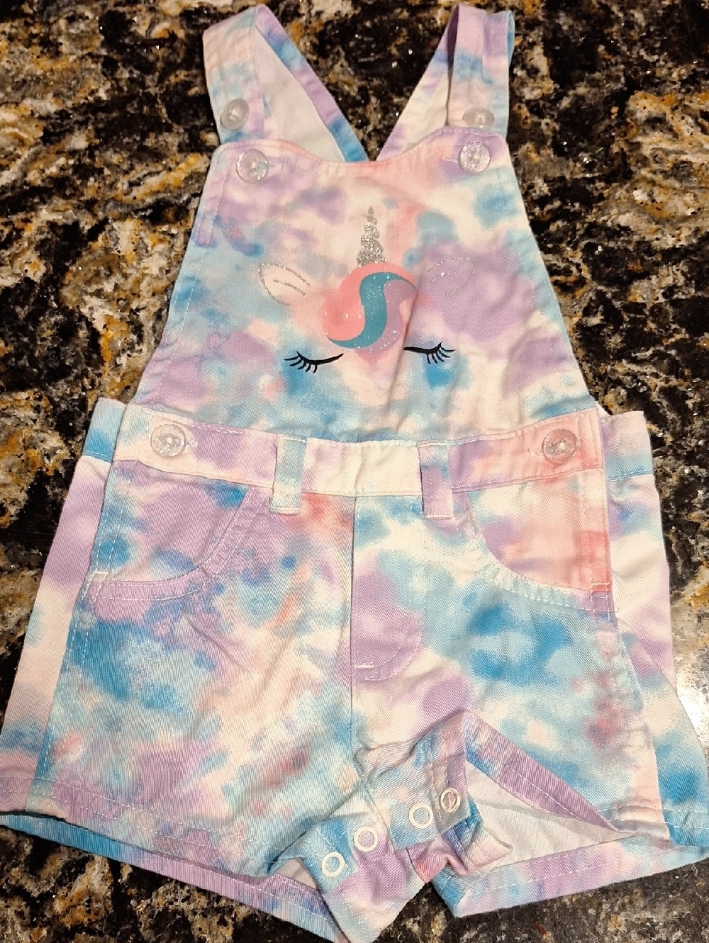 b Kidgets Tie-Dye Unicorn Shortalls in Pink, Blue & Purple 18mos